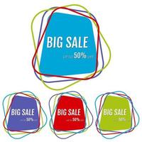 Set of four big sale stickers with abstract colorful chaotic lines around. Vector illustration