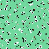 Cartoon faces with emotions. Seamless pattern with different emoticons on green background. Vector illustration