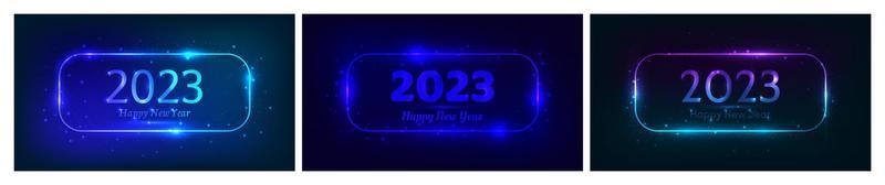 2023 Happy New Year neon background. Set of three neon backdrops with rounded rectangular frames with shining effects and sparkles and inscription Happy New Year. Dark background for Christmas holiday