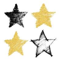 conjunto de cuatro estrellas negras dibujadas a mano y con efecto brillo dorado. forma de estrella áspera en estilo garabato con efecto brillo dorado sobre fondo blanco. ilustración vectorial vector