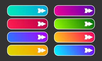 Colorful gradient buttons with arrows. Set of eight modern abstract web buttons. Vector illustration