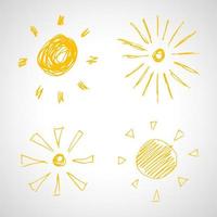 Hand drawn suns. Set of four simple sketch suns. Solar symbol. Yellow  doodle isolated on white background. Vector illustration.