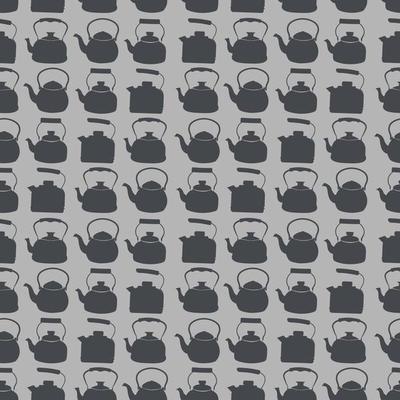 Seamless Grey Pattern with Kettle. Vector background with different teapots. Endless kitchen texture.