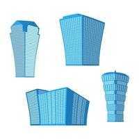 Set of four modern high-rise building on a white background. View of the building from the bottom. Isometric vector illustration.