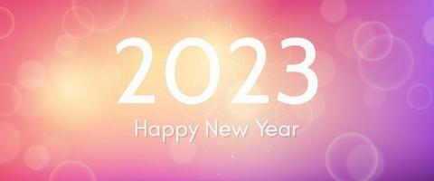 Happy new year 2023 incription on blurred background. White numbers on backdrop with confetti, bokeh and lens flare. Vector illustration