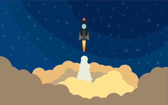 Space rocket launch. Vector illustration with flying rocket. Space travel. Project development. Creative idea,