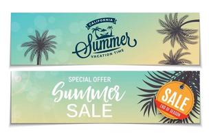Summer sale banner vector illustration. Summer beach flat illustration with palm trees