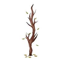 Colored withering thin tree branch with falling leaves vector illustration isolated on white background. Dying tree drawing with cartoon simple flat art style and colors.