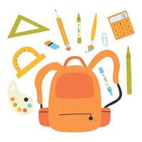 Set of school elements. Back to school. End of school collection. Vector illustration. Flat hand drawn style. Backpack, calculator, pencil, protractor, brush.