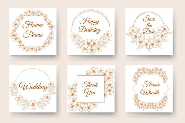 flower border ornament circles and flowers frames invitation elements set of line art floral wreath