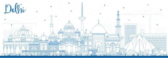 Outline Delhi India City Skyline with Blue Buildings. vector