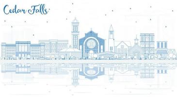Outline Cedar Falls Iowa Skyline with Blue Buildings and Reflections. vector