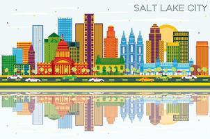 Salt Lake City Utah Skyline with Color Buildings, Blue Sky and Reflections. vector