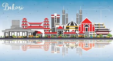 horizonte de la ciudad de bekasi indonesia con edificios de color, cielo azul y reflejos. vector