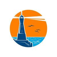 Lighthouse beacon on seashore line circle icon