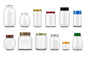 frascos de vidrio, maquetas realistas de tapas, paquetes de alimentos vector