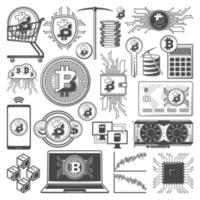 minería de bitcoin, iconos de dinero digital de criptomonedas vector