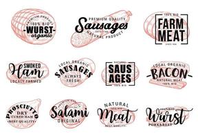 Meat and sausages butcher shop lettering sketch vector