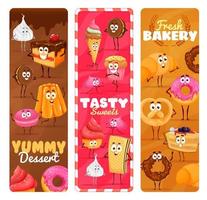 dulces de dibujos animados, personajes de panadería y postres vector