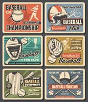 Baseball sport equipment, vintage cards vector