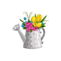Bouquet of spring flowers in watering can vector