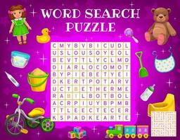 Cartoon kids accessories toys, word search puzzle vector