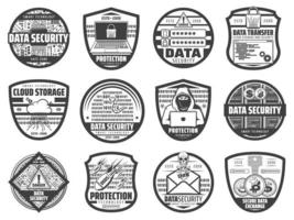 Data security, hacker attack web protection icons vector