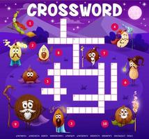 Crossword grid, cartoon nuts, wizard characters vector