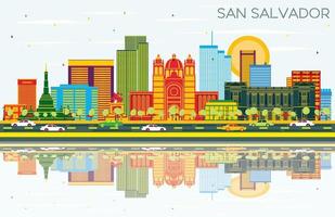 horizonte de la ciudad de san salvador con edificios de color, cielo azul y reflejos. vector
