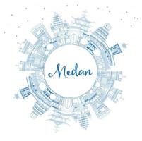 Outline Medan Indonesia City Skyline with Blue Buildings and Copy Space. vector