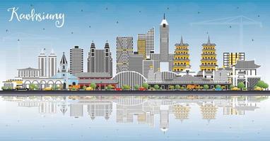 Kaohsiung Taiwan City Skyline with Gray Buildings, Blue Sky and Reflections. vector