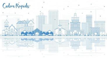 Outline Cedar Rapids Iowa Skyline with Blue Buildings with Reflections. vector