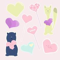 Set of love-themed stickers on a pink background in vector. Hearts, toppers, a cat and a bear with hearts vector