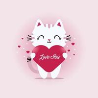 feliz día de san valentín, con el tema de un lindo gatito sosteniendo un símbolo de corazón con las palabras, te amo. vector