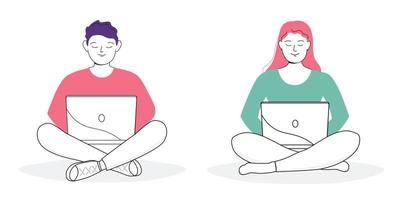A man and a woman is sitting at a laptop with his legs crossed in a lotus position. The guy ,girl studies, works as an operator, manager, communicates remotely online. Vector art line graphics.