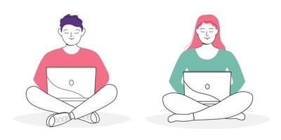 A man and a woman is sitting at a laptop with his legs crossed in a lotus position. The guy ,girl studies, works as an operator, manager, communicates remotely online. Vector art line graphics.