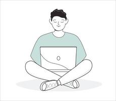 A man is sitting at a laptop with his legs crossed in a lotus position. The guy studies, works as an operator, manager, communicates remotely online. Vector art line graphics.