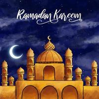 Beautiful golden mosque watercolor vector illustration with a crescent in a night sky. Hand-drawn Islamic celebration background. Ramadan flyer template