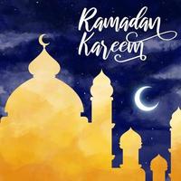 Beautiful golden mosque watercolor vector illustration with a crescent in a night sky. Hand-drawn Islamic celebration background. Ramadan flyer template