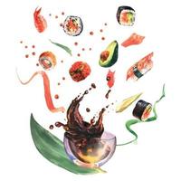 Watercolor composition with sushi, splash sause, ingredient for sushi on white background. For design sushi restaurant menu, cards, print, design, wallpaper, kitchen towel. vector