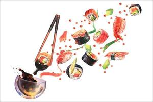 Watercolor composition with sushi, splash sause, ingredient for sushi in motions on white background. For design sushi restaurant menu, cards, print, design, wallpaper, kitchen towel. vector