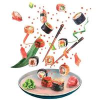 Watercolor illustration of delicious sushi and rolls set with chopsticks and plate in motion on white background. vector