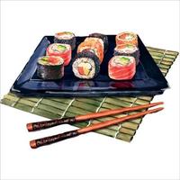 Watercolor illustration sushi rolls set serving on special black tray, and of wooden carpet, bamboo sushi mat and chopsticks. vector