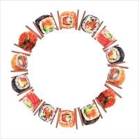 Round frame with watercolor japanese food. Hand drawn illustration of sushi, maki, rolls. Background for menu, packaging and product design.
