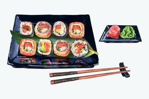 Watercolor illustration sushi rolls set serving with ginger and wasabi on special black tray. Collection box with sushi rolls and chopsticks.