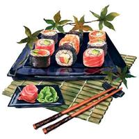 Watercolor illustration sushi rolls set serving with ginger and wasabi on special black tray, and of wooden carpet, bamboo sushi mat, and chopsticks. vector