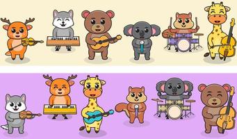 banda de música de juego de animales salvajes de dibujos animados. ciervo, lobo, oso, koala, ardilla, jirafa. conjunto de ilustraciones con diferentes animales. animales tocando instrumentos musicales. vector