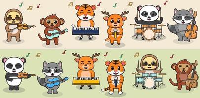 banda de música de juego de animales del bosque de dibujos animados. perezoso, mono, tigre, venado, panda y mapache. conjunto de ilustraciones con diferentes animales. animales tocando instrumentos musicales. vector