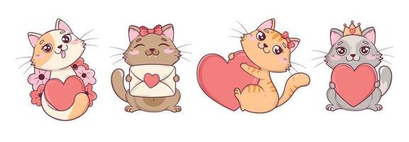 Collection of kawaii cute valentine cats in different poses with hearts and flowers vector