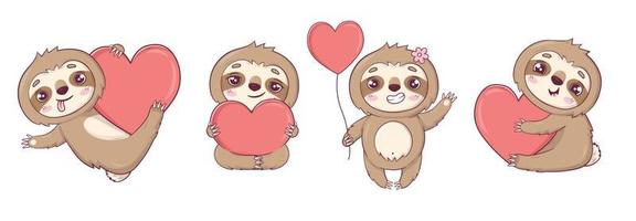 Clipart set with funny sloths in love, hugging, with gifts and hearts for Valentine's Day vector